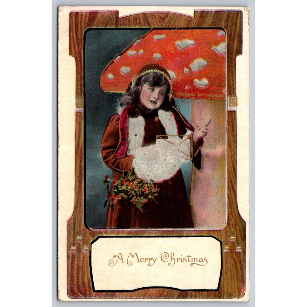 1911 Art Nouveau Christmas Postcard Goldfield CO  CC Dist. Mining Mushroom Hat